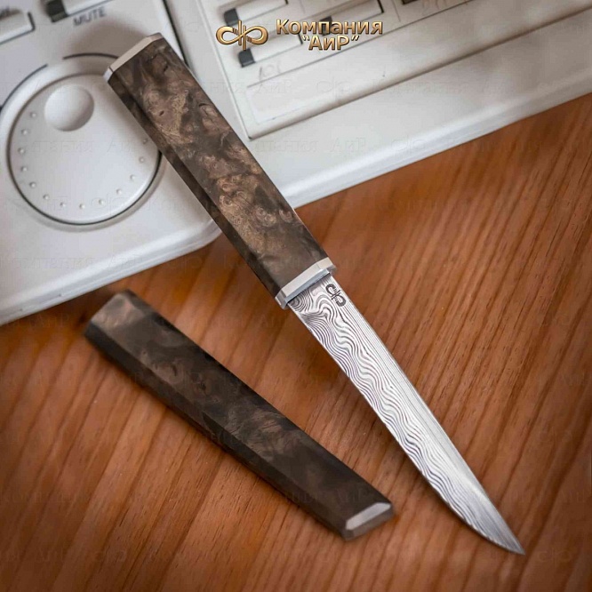  Офисный нож ручной работы (кап ореховый), дамасская сталь ZDI-1016 - мастера Златоуста