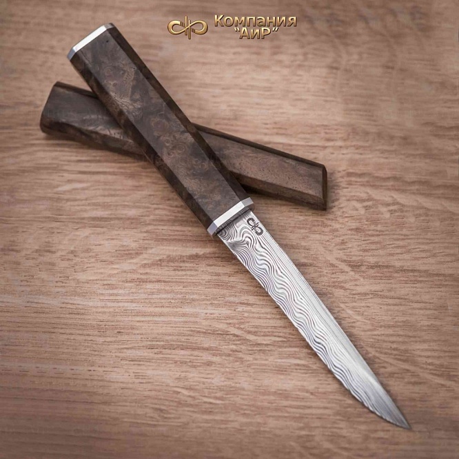  Офисный нож ручной работы (кап ореховый), дамасская сталь ZDI-1016 - мастера Златоуста