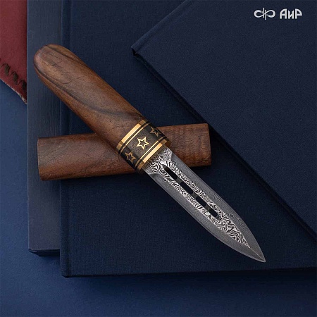  Авторский нож Сигара из дамасской стали ZDI-1016 (ореховый кап, золото, черный никель) - мастера Златоуста