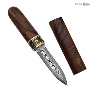  Авторский нож Сигара из дамасской стали ZDI-1016 (ореховый кап, золото, черный никель) - мастера Златоуста