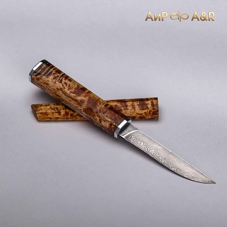  Офисный нож ручной работы (карельская береза), дамасская сталь ZDI-1016 - мастера Златоуста