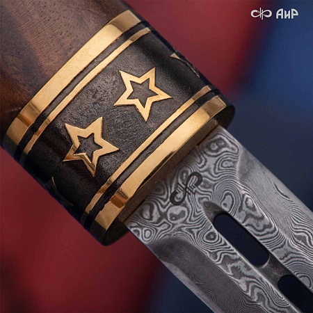  Авторский нож Сигара из дамасской стали ZDI-1016 (ореховый кап, золото, черный никель) - мастера Златоуста